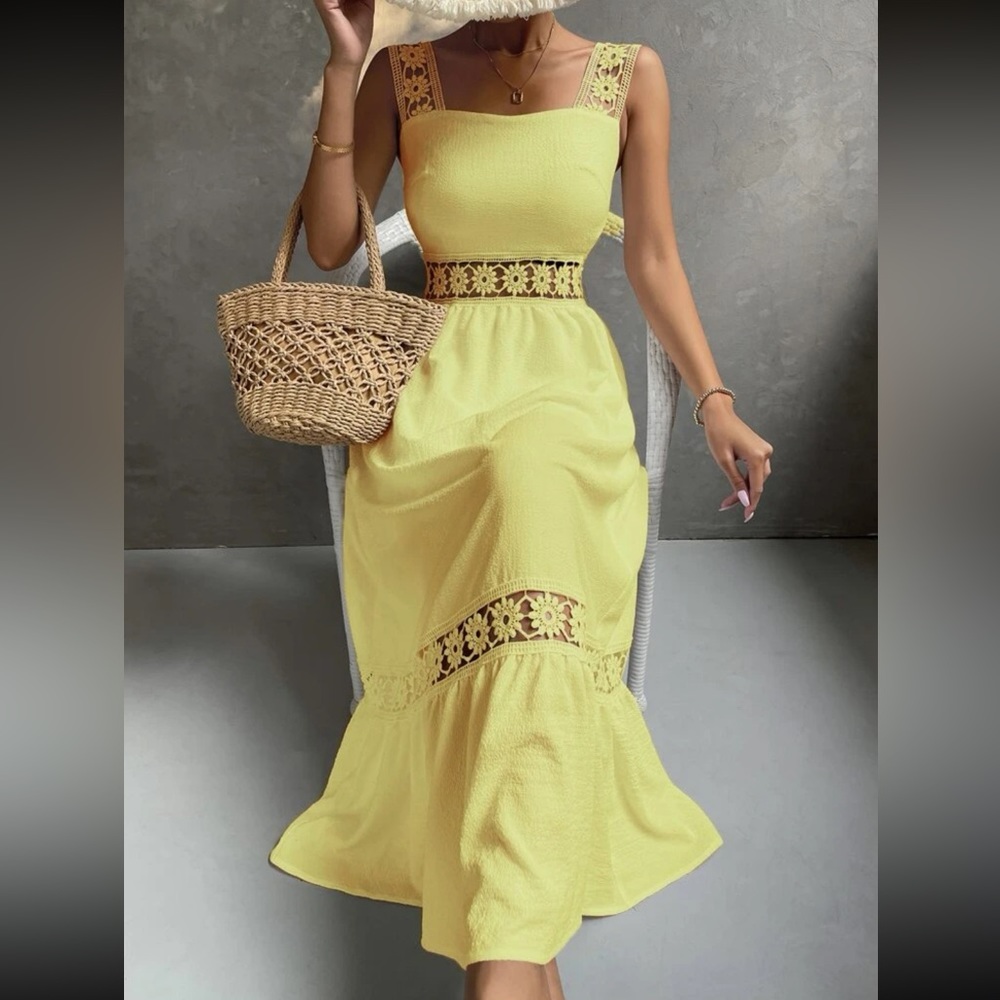 Boho Yellow Lace Insert Ruffle Hem Maxi Dress - image 3